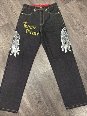 Y2K Vintage Game Time Black Jeans, Embroidered Wings and Details, 30W 30L